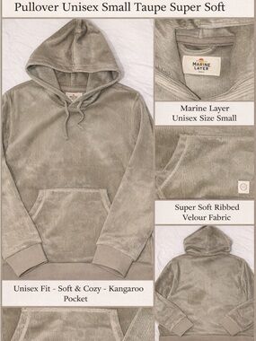 Marine Layer Ribbed Velour Hoodie Pullover Unisex Small Taupe Super Soft